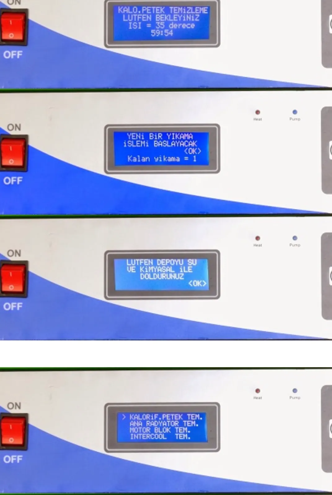 RTM 700 LCD ekranı: kalorifer peteği, ana radyatör, motor bloğu ve intercooler temizleme programları